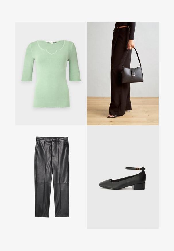 Gaišzaļš ribota dzijas blūze ar V veida kakla izgriezumu un īsām piedurknēm, ar nedaudz sadrupējušu apakšējo malu un cieši pieguļošu dizainu.; Melni ādas bikses ar gludu tekstūru, taisnas piegriezuma, divi priekšējie kabatas un redzami šuvju izstrādājumi.; Melnas ādas sūkņi ar smailu purngalu un zemu bloku papēdi. Iezīmēts ar potītes siksniņu ar zelta krāsas sprādzi. Gluda tekstūra.; Melnā somiņa ar strukturētu formu, gludu tekstūru un metālu sprādzi. Saskaņota ar platām melnām biksēm un sandālēm ar atvērtu purngalu uz koka grīdas.