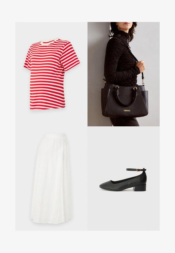 Rot und weiß gestreift, kurzärmliges T-Shirt aus weicher Baumwolle. Verfügt über einen runden Halsausschnitt und eine lockere Passform.; Weißer Maxirock mit einem elastischen Bund, der ein strukturiertes florales Muster und netzartige Aussparungen im gesamten Gewebe aufweist.; Schwarze Lederpumps mit spitzem Zehenbereich und niedrigem Blockabsatz. Mit einem Knöchelriemen und einer goldfarbenen Schnalle. Glatte Textur.; Schwarze Handtasche mit strukturierten Oberflächen, doppelten Obergriffen und verstellbarem Schultergurt. Mit goldfarbener Hardware und Seitentaschen.
