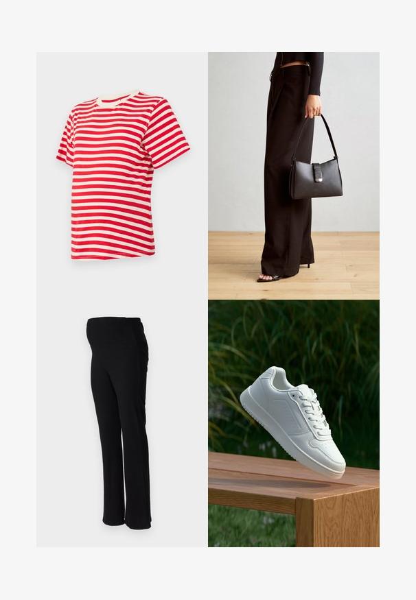 Punane ja valge triibuline lühikeste varrukatega T-särk, mis on valmistatud pehmest puuvillast. Omab ümmargust meeskonna kaelust ja vabalt langevat lõiget.; ONLY MATERNITY OLMHALLE - Püksid - black; Valged sneakerd, millel on sile sünteetiline ülemine osa, väikeste aukudega varvaskast, lamedad paelad ja tekstuuriga tald, eksponeeritud puidust pinnal.; Must musta kott, millel on struktureeritud kuju, sile tekstuur ja metallist klamber. Kombineeritud laiate mustade pükstega ja avatud varvaste sandaalidega puidust põrandal.