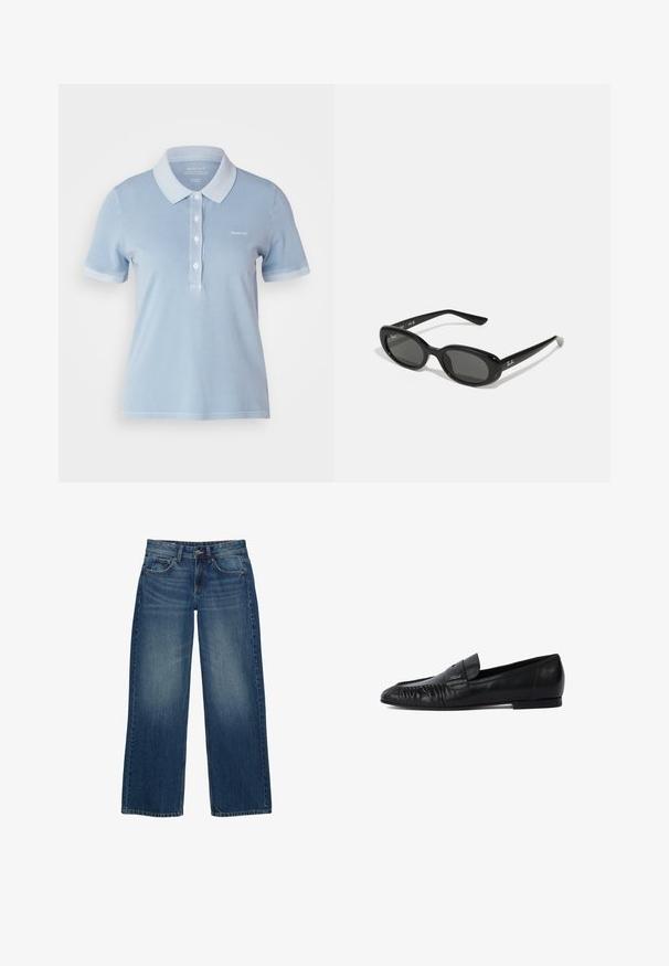 GANT SUNFADED - Polotričko - hellblau; Široké modré džíny z denimu s vybledlým práním, pětivreckovým designem a kontrastním šitím. Zapínání na knoflík a zip.; Černé kožené polobotky s kulatou špičkou, prošívanými detaily na přední části a plochou podrážkou. Minimalistický design s jemným akcentem loga.; Černé sluneční brýle s oválnými objektivy, lesklý plastový rám a štíhlé nožičky. Na boku se nachází bílé logo Ray-Ban.