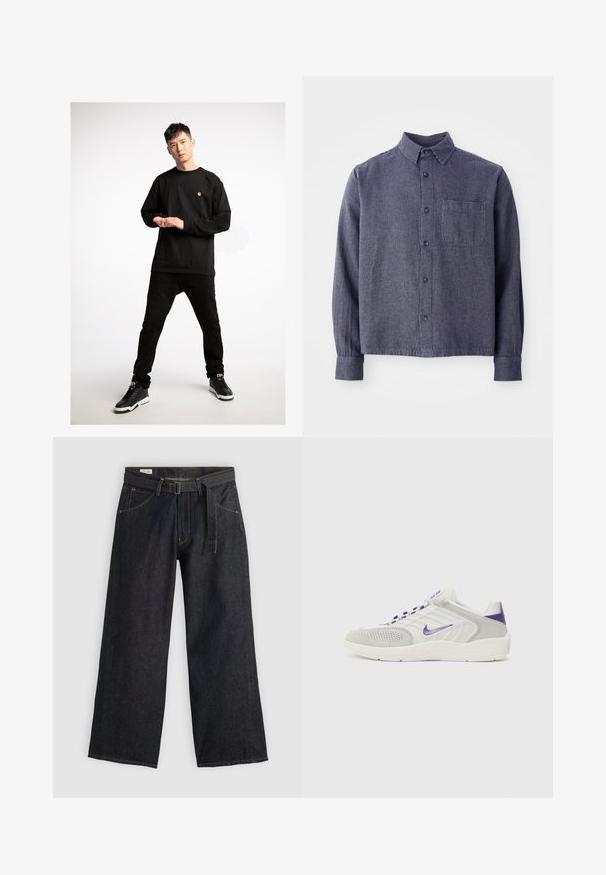 Černá košile s dlouhým rukávem, na které je malé žluté logo, kombinovaná s černými džíny a černými teniskami, které mají bílé podrážky.; Pánská námořnická kostkovaná košile na knoflíky, lehká látka, límec s rozpětím, dlouhé rukávy, jedno náprsní kapsa a knoflíková délkou uzávěr.; Tmavé denimové kalhoty s širokými nohavicemi a páskem v pase, s předními kapsami a kontrastním prošíváním. Hladká textura s čistým designem.; Bílé a šedé sportovní boty s fialovými akcenty, které mají texturovaný svršek, perforace pro prodyšnost a polstrovanou podrážku.