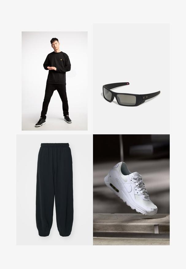 Crna majica dugih rukava s malim žutim logom, uparena s crnim trapericama i crnim tenisicama s bijelim potplatima.; Crne, dukserice s elastičnim strukom, širokog kroja, s manžetama na gležnjevima, glatke teksture i bez vidljivih uzoraka ili metalnih detalja.; Bijela Nike Air Max 90 tenisica s gornjim dijelom od mrežice i kože, perforiranim prstima i vidljivom zračnom jedinicom u peti.; Crne sunčane naočale s mat površinom, pravokutnim staklima, blagim zakrivljenjima na sljepoočnicama, suptilnim logotipom i dimnim staklima.