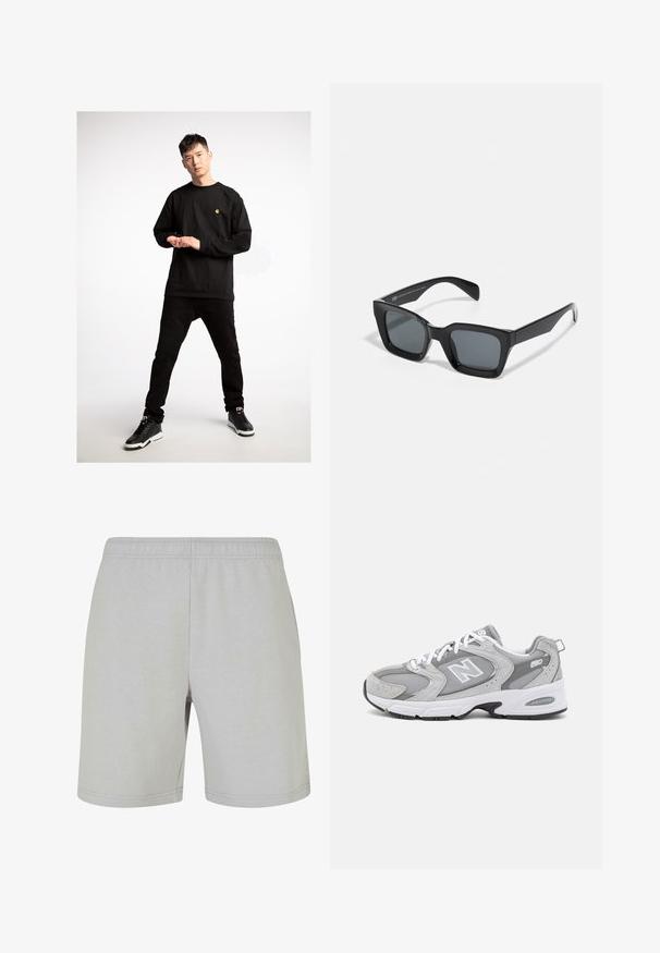 Musta pitkähihainen paita, jossa on pieni keltainen logo, yhdistettynä mustiin farkkuihin ja mustiin lenkkareihin, joissa on valkoiset pohjat.; Vaaleanharmaat shortsit, jotka on valmistettu pehmeästä puuvillakankaasta ja joissa on joustava vyötärö. Muotoilu on yksinkertainen, ja niissä on ommellut reunat ilman taskuja.; Harmaat urheilukengät, joissa on verkkomateriaalia ja mokkanahkaa, valkoiset nauhat ja musta pohja. Ominaisuuksiin kuuluu suuri "N"-logo ja pehmustettu kaulus.; Musta suorakulmainen aurinkolasi tummilla linsseillä. Muovikehys kiiltävällä pinnalla, leveällä siltalla ja hieman kapenevilla jaloilla.