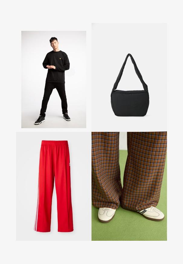 Svart langermet skjorte med en liten gul logo, parret med svarte jeans og svarte joggesko, fremhevet av hvite såler.; Røde treningsbukser laget av lett materiale, med elastisk midjebånd, to hvite sidelister og en liten logo på hoften.; Brune og blå rutete vide bukser sammen med hvite sko med svarte detaljer og teksturerte såler, satt mot en grønn bakgrunn.; Svart skulderveske med polstret tekstur, rund form og bred stropp, med et preget logo på forsiden.