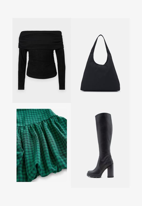 Černý top s odhalenými rameny a dlouhými rukávy, s nařaseným výstřihem a přiléhavým střihem. Měkká, lehká tkanina s hladkou texturou, minimalistický design.; Zelená kostkovaná látka se vyznačuje různými odstíny, nabranou strukturou a volánkovým lemem. Materiál vypadá prodyšně a lehce.; Černé kozačky po kolena, hladká kožená materiál, robustní podpatek, zaoblená špička, texturovaná podrážka s gripem, elegantní design bez ozdob.; Černá textilní taška s jedním širokým ramenním popruhem. Měkký, polosunkční tvar a hladký povrch; minimalistický design, bez viditelného kovového hardware.