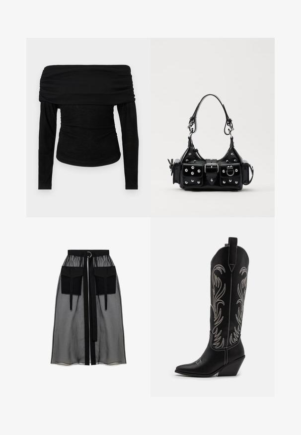 Černý top s odhalenými rameny a dlouhými rukávy, s nařaseným výstřihem a přiléhavým střihem. Měkká, lehká tkanina s hladkou texturou, minimalistický design.; Černá průhledná sukně s nařaseným pasem, která má dvě velké přední kapsy, páskový uzávěr a kulatý kovový akcent.; Černé kožené kovbojské boty s špičatými špičkami, podpatky ve tvaru klínu a stříbrně vyšívanými květinovými vzory po celé délce. Kontrastní prošívání po celém obvodu.; Černá kožená kabelka s křivkovým designem, zdobená stříbrnými hřebíky, s přezkou a dvěma bočními kapsami. Nastavitelný popruh pro různé možnosti nošení.