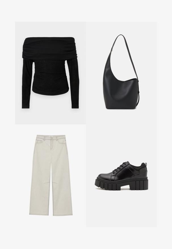 Top negru, off-shoulder, cu mâneci lungi, cu un guler plisat și un corp ajustat. Material moale, ușor, cu o textură netedă, design minimal.; Pantaloni gri deschis cu picioare largi, dotati cu cinci buzunare, închidere frontală cu buton și cusături în contrast pe căptușeală. Materialul pare a fi moale și durabil.; Pantofi cu talpă plată din piele neagră, cu toc gros, vârf rotund și design tradițional cu șireturi. Prezintă o textură netedă și detalii minime.; Geantă hobo din piele neagră, cu o textură netedă, formă curbată și un singur bretele ajustabil; are o deschidere largă în partea de sus.