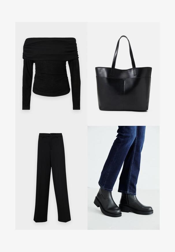 Fekete, egyvállú, hosszú ujjú felső, redőzött nyakkivágással és testhez simuló szabással. Puha, könnyű anyag, sima textúrával, minimalista dizájn.; Fekete, széles szárú nadrág sima anyagból, klasszikus derékrésszel, gombzárral és elülső redőkkel.; Fekete bőr bokacsizma vastag talppal és oldalán elnyújtott elasztikus betétekkel, sötétkék farmerral párosítva. A talaj világos színű.; Fekete bőr bevásárlótáska két hosszú fogantyúval, sima felülettel és strukturált formával. Elülső zseb található rajta a plusz tárolás érdekében.
