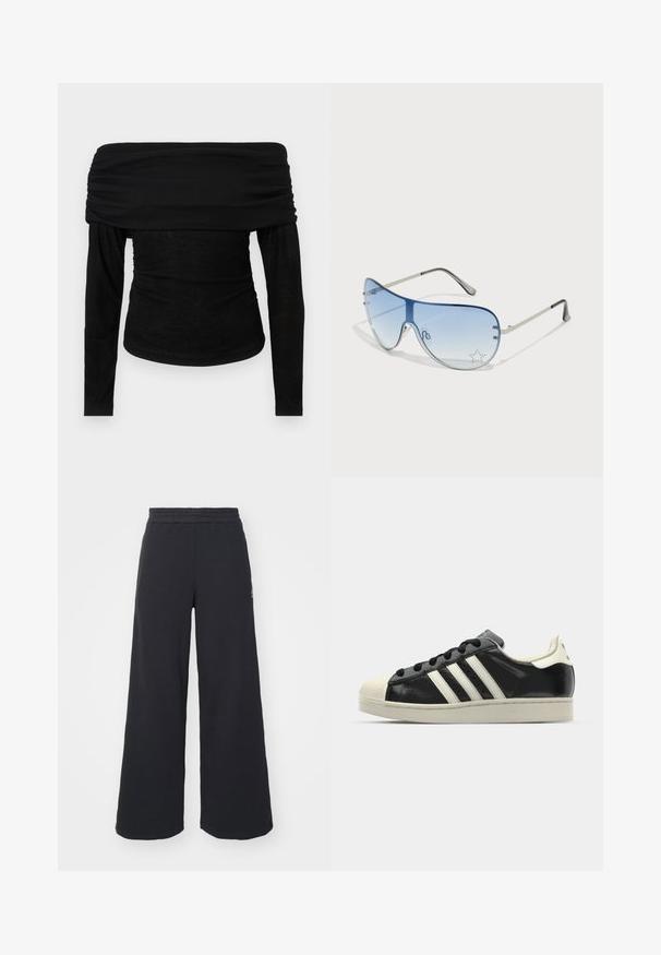 Juoda nenugara ilgaa rankovė viršūnė su sukrautu kaklu ir prigludusia forma. Minkšta, lengva medžiaga su sklandžiu tekstūra, minimalistinis dizainas.; Juoda plačių kojų sportinė kelnė, pagaminta iš minkštos medžiagos, su elastinga juosmens juosta ir mažu logotipu kairėje pusėje.; Juodi odiniai sportiniai bateliai su baltais dryžiais, guminis toe kapas, juodi raišteliai ir kreminis padas. Lygus pavirčius su blizgiu finišu.; Aviatoriai akiniai su gradientiniais mėlynais objektyvais, sidabriniu metaliniu rėmu ir dekoratyvinėmis žvaigždžių akcentais ant objektyvų. Lygaus ir stilingo dizaino.