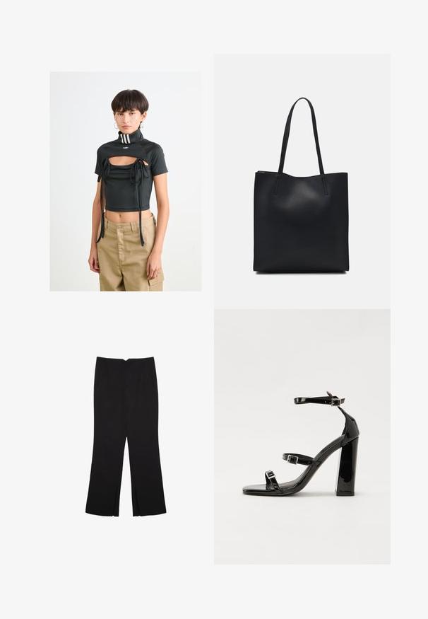 Žena s krátkými tmavými vlasy, oblečená v černém krátkém topu s výřezem a vázáním, béžových kalhotách a náušnicích ve tvaru kruhu na bledém bílém pozadí.; Černé kalhoty s rovným střihem, s předními kapsami a bočními rozparky na lemu. Vyrobené z jemné, hladké tkaniny. Vhodné na různé příležitosti.; Černé lakované sandály na podpatku se čtveratou špičkou, lýtkovými pásky a stříbrnými přezkami. Disponují masivním blokovým podpatkem pro stabilitu.; Černá kožená taška přes rameno s hladkým povrchem, obdélníkovým tvarem a dvěma dlouhými uchy. Žádné viditelné kování ani ozdoby.