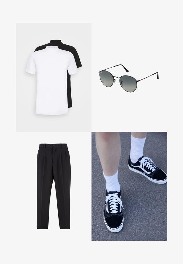 Kaks lühikeste varrukatega T-särki, üks valge ja teine must, millel on kõrge kaelaosa disain ja mis on valmistatud pehmest puuvillast materjalist.; Mustad püksid, millel on voltidega eesmine disain, valmistatud siledast kangast. Omab nup closure ja vöökinnitusauke; sirge jalgade lõige.; Mustad nahkkingad valgete aktsentide ja paeladega, kombineeritud valgete soonikreisidega sokkidega, asetatud tekstureeritud hallile pinnale.; Mustad musta metalliga päikeseprillid, millel on ümmargused gradient-prillid, õhukesed templeid ja selged nina padjad mugavaks kasutamiseks.