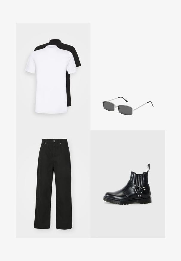 Duomenų trumpomis rankovėmis marškinėliai, vieni balti, kiti juodi, su aukštu kaklu, pagaminti iš minkštos medvilnės.; Juodi džinsai su tiesios kojos dizainu, turintys penkias kišenes, mygtuko uždarymą ir klasikiniu juosmeniu. Lygi tekstūra.; Juodos odinės kulkšnių botai su grioveliais elastinėmis šoninėmis juostomis, metaline sagtimi ir tekstūruotu padu, užtikrinančiu sukibimą.; Stačiakampio formos saulės akiniai su tamsiai pilkais objektyvais, plonu sidabriniu metaliniu rėmu ir juodais gumos dangteliais ant šventyklų. Minimalistinis dizainas.