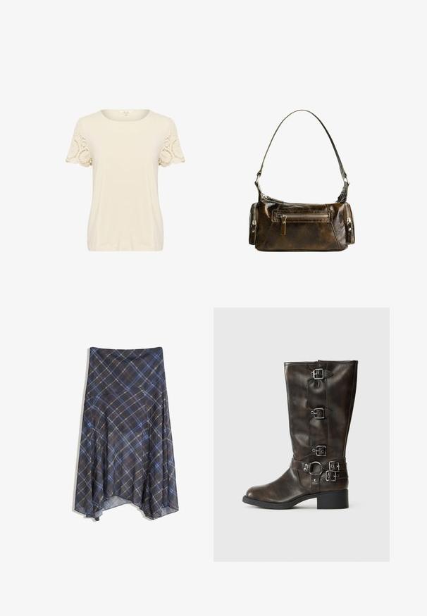 Tricou crem cu decolteu rotund și mâneci scurte. Mânecele au detalii complicate din dantelă. Țesătură moale, netedă și croială lejeră.; Fustă în carouri negre cu linii albastre și maro, cu un design fluid, de lungime medie, realizată dintr-un material ușor cu o textură netedă.; Botine din piele brună, până la genunchi, cu multiple catarame, vârf rotund și toc jos, masiv. Prezintă o finisare texturată și curele ajustabile.; Geantă din piele maro cu o formă curbată, accesorii din argint și două buzunare cu fermoar în față. Include o curea de umăr ajustabilă.
