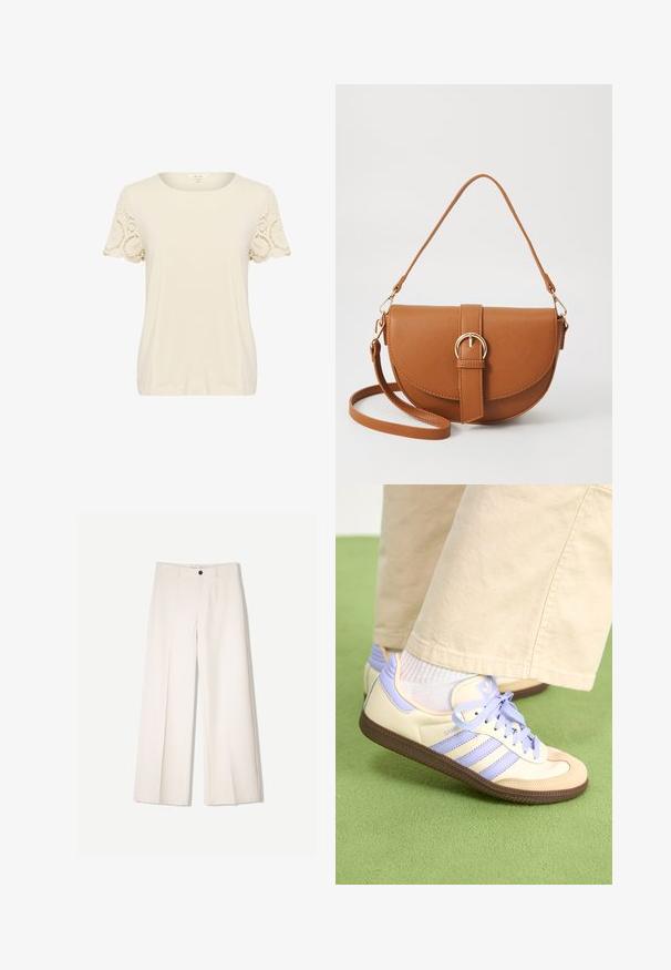Crème t-shirt met een ronde halslijn en korte mouwen. Mouwen zijn voorzien van ingewikkelde kantdetails. Zachte, gladde stof en een relaxte pasvorm.; Crème brede broek met een tailored ontwerp, voorzien van twee voorzakken en een enkele sluiting met een knop aan de voorkant, gemaakt van een gladde stof.; Crème- en lavendel-sneakers met drie strepen en een gestructureerde bruine zool, voorzien van veters en een gewatteerde hiel. Zachte stoffen bovenkant.; Bruine leren schoudertas met een gebogen vorm, gouden hardware en een gespaccent. Bevat een afneembare schouderriem.