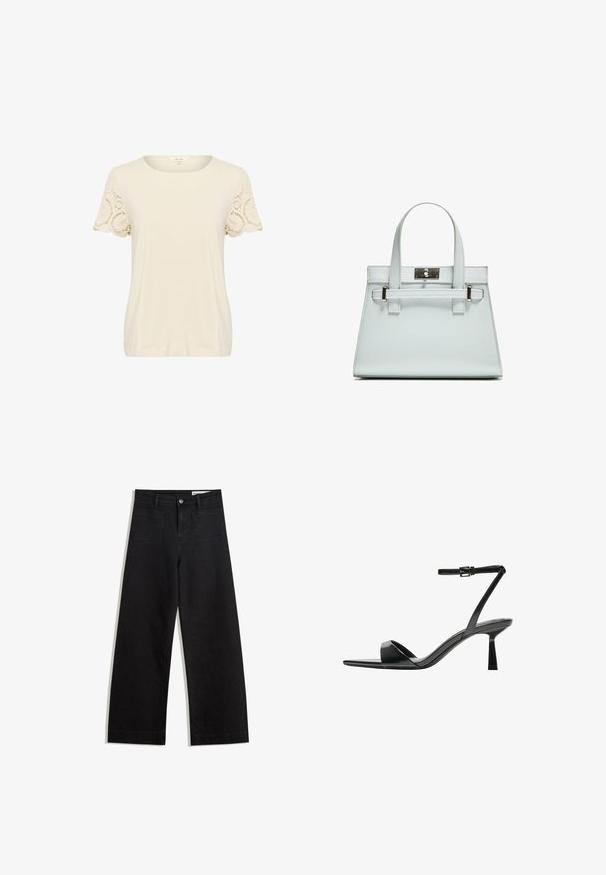 Crème t-shirt met een ronde halslijn en korte mouwen. Mouwen zijn voorzien van ingewikkelde kantdetails. Zachte, gladde stof en een relaxte pasvorm.; Zwarte denim broek met wijde pijpen en een hoge taille, voorzien van voor- en achterzakken, gestikte naden en een knoopsluiting. Gladde textuur.; Bershka Sandalen met hoge hak - black; Lichtblauwe handtas met gestructureerd ontwerp, twee handvatten en een zilverkleurige slot. Getextureerd materiaal en scherpe hoeken.