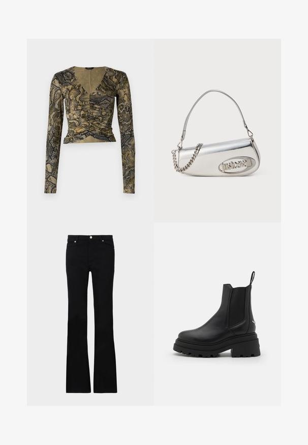 Garais piedurknes īss tops čūsku rakstā, ar dziļu V veida dekoltē, ruching detaļu priekšpusē un mīkstu, teksturētu audumu zaļos un melnos toņos.; Melni flared džinsi, izgatavoti no džinsa auduma, ar divām priekšējām kabatām, pogu aizdari un gludu tekstūru. Redzamā veikala šuvju rakstība.; Melnas Chelsea zābaki, kas izgatavoti no gludas ādas, ar elastīgām sānu daļām, biezu, rievotu gumijas zoli un vilkšanas cilpu aizmugurē.; Sudraba metāla rokas soma ar noapaļu trīsstūra formu, ar logotipu, ķēdes siksnu un gludu tekstūru. Sānos atverama ar rāvējslēdzēju.