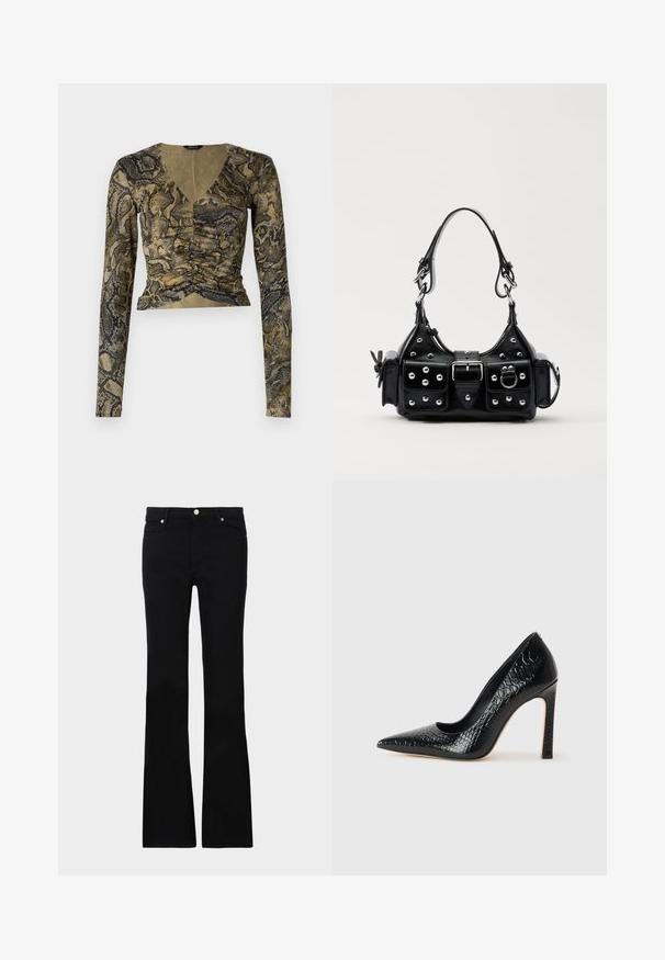 Hosszú ujjú, kígyóbőr mintás cropped top, mély V-nyakkal, elöl ráncolt részletekkel és puha, texturált zöld és fekete színekben.; Fekete, bővülő szárú farmernadrág, két elülső zsebből áll, gombos záródással és sima textúrával rendelkezik. A varrásoknál látható a jellegzetes öltés.; Fekete hegyes orrú magassarkú cipő krokodilbőr textúrával, letisztult dizájnnal, magas tűsarkú és sima fekete belső résszel.; Fekete bőr kézitáska ívelt designnal, ezüst szegecsekkel, csattal és két oldalsó zsebbel. Állítható vállpánt a hordozási lehetőségekhez.