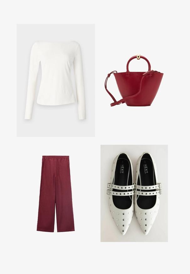 Langærmet off-the-shoulder top i blødt hvidt stof. Har en tætsiddende overdel og en let udvidet kant. Glat tekstur, minimalistisk design.; Bordeaux brede bukser lavet af blødt stof, med elastisk talje, to sidelommer og en afslappet silhuet.; Hvide læder flade sko med spidse tæer, dekoreret med sølvnitter og to spænder over vristen. Sort indvendig foring.; Rød læderhåndtaske med en afrundet top, struktureret kegleform, en kort håndtag og en aftagelig skulderrem. Har gyldne hardware-detaljer.