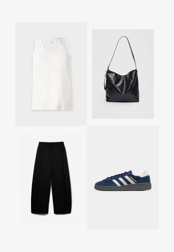 Biela bezramienková tielko s výstrihom do V, vyrobené z jemnej látky, s jemnými ryhovanými detailami pozdĺž výstrihu a spodného okraja.; Čierne široké nohavice s elastickým pásom a šnúrkou na sťahovanie. Mäkko tkanina s hladkou textúrou. Priamy strih so bočnými švami.; Námornícke semišové tenisky s bielymi pruhmi, zlatým detailom "Spezial", šedou textúrovanou podrážkou, zaoblenou špičkou a zladenými šnúrkami. Klasický dizajn.; Čierna kožená taška cez plece s mäkkým, textúrovaným povrchom. Má zakrivený dizajn a jeden nastaviteľný popruh. Žiadny ďalší kovový prvok.
