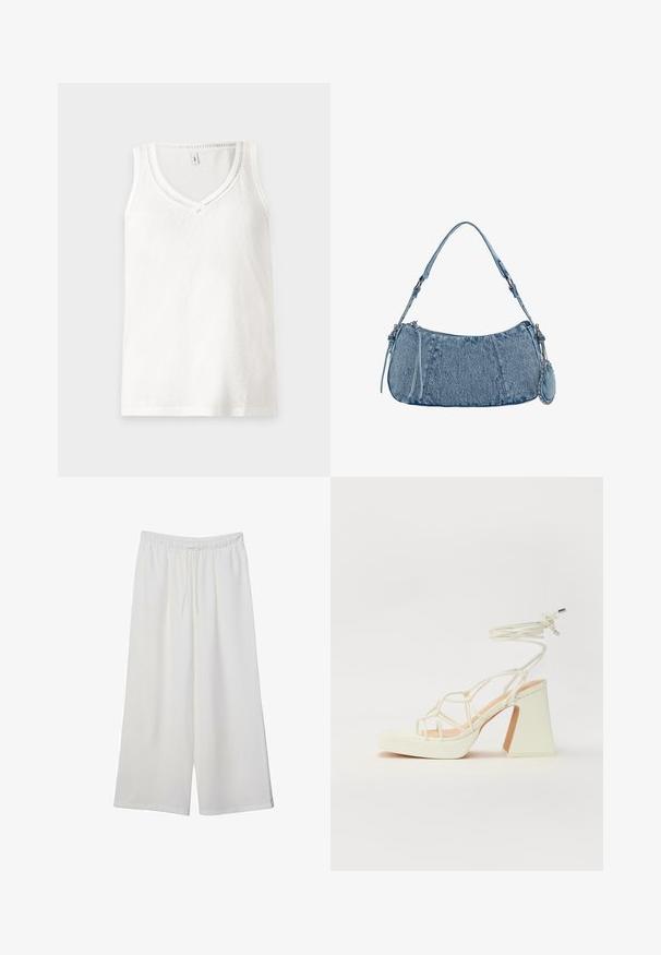 Weißes ärmelloses Tanktop mit V-Ausschnitt, aus weichem Stoff gefertigt, mit subtilen Rippendetails entlang des Ausschnitts und Saums.; Weiße, weit geschnittene Hosen aus leichtem Stoff, mit einem elastischen Bund und einem Zugband für eine verstellbare Passform. Glatte Textur.; Weiße High-Heel-Sandale mit einem klobigen Absatz, die über ein Riemchendesign und ein Knöchelband verfügt. Glatte Textur mit einer Plattform vorne für zusätzliche Höhe.; Denim-Handtasche mit geschwungener Form, hellblauer Farbe, verstellbarem Schultergurt und einem kleinen abnehmbaren Täschchen mit metallischen Akzenten.