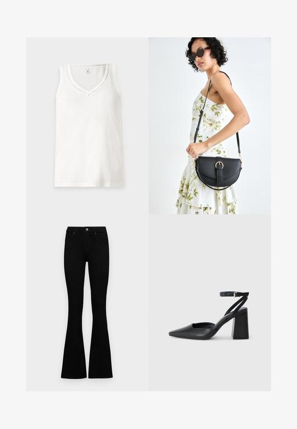 Débardeur sans manches blanc avec un décolleté en V, fabriqué en tissu doux, présentant des détails côtelés subtils le long du décolleté et de l'ourlet.; Jean noir taille haute avec fermeture à bouton et à zip, poches avant et jambes évasées, posés à plat sur un fond blanc.; Escarpin noir en cuir à bout pointu avec une bride de cheville et un talon épais. Texture lisse, design élégant et esthétique minimaliste.; Sac à main en cuir noir avec une forme courbée, bandoulière amovible et des accessoires en or. Le sac est doté d'un rabat avec un détail de boucle.