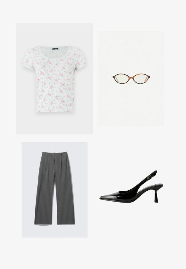 Korte mouwen, licht mintgroene top met een ronde halslijn, voorzien van een bloemenpatroon in roze en paars, gemaakt van zachte, gestructureerde stof.; Grijze gestreepte wijde broek met plooien aan de voorkant en riemlussen, platgelegd op een witte achtergrond.; Zwarte gepatineerde leren slingback pump met een spitse neus, uitsparingen aan de zijkanten, een verstelbare enkelband en een dunne, slanke hak.; Kattenoogbril met ovale lenzen en een strakke, gladde afwerking. Heeft dunne zijkanten met een subtiele kromming bij de slapen. Transparante lenzen.; Rode leren schoudertas met een gebogen ontwerp, een gladde textuur en een ritssluiting. Het heeft een dunne hengsel om te dragen.