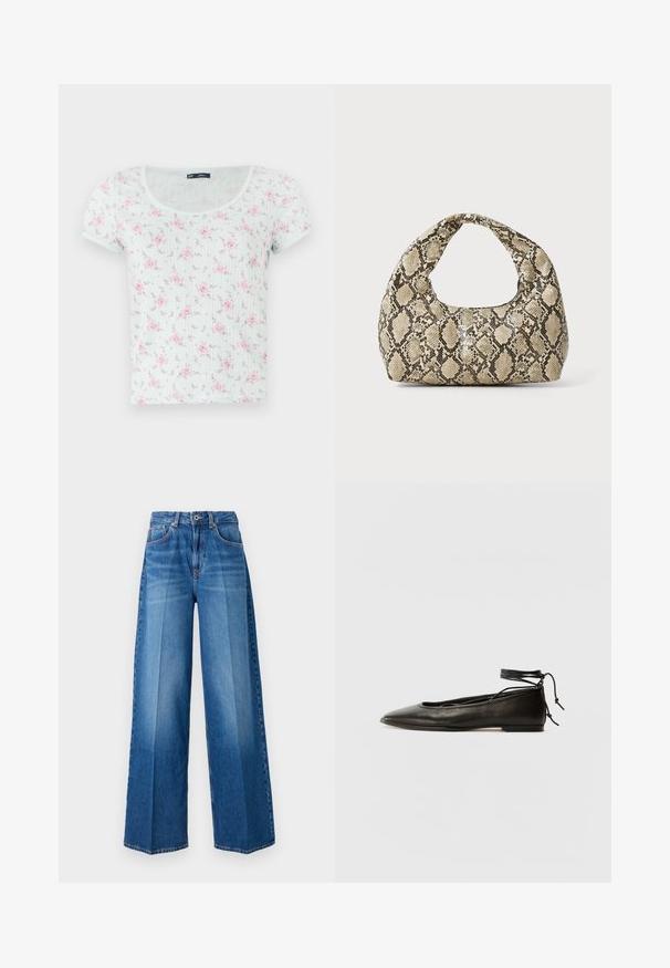 Lühikeste varrukatega, helesinise mintsarooja ülikond, millel on ümar kaelus ja roosa-lilla lilleline muster, valmistatud pehmest ja tekstuurilisest kangast.; Laiad joped, millel on keskmise sinise pesu värv, klassikaline viie tasku disain, vööloop ja lukuga sulgemine.; Must mustast balletijalatsid, millel on terav nina, pahkluu seotud ja lame tall, sujuva tekstuuri ning minimalistlik disain.; Musta käärmeprindiga kott kõveraga käepidemega. Valmistatud tekstiilsetest, beežidest ja pruunidest materjalidest, millel on iseloomulik rombikujuline muster.