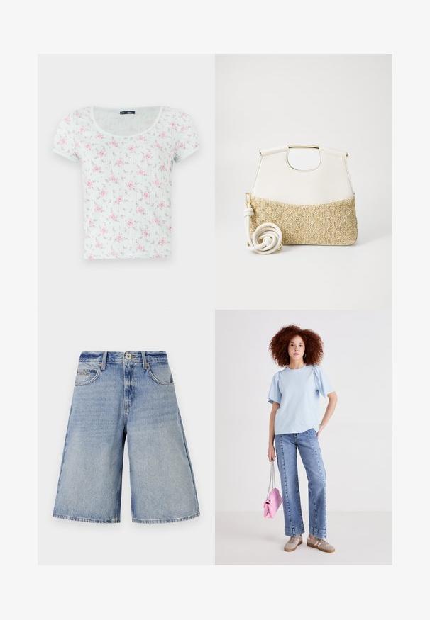 Vaaleanmintunvihreä lyhythihainen paita, jossa on pyöreä kaula-aukko. Paidassa on vaaleanpunaisia ja violetteja kukkakuoseja, ja se on valmistettu pehmeästä, teksturoidusta kankaasta.; Vaaleansiniset farkkusortsit, joissa on haalistunut viimeistely, korkea vyötärö, etutaskut ja leveä, suora lahje.; Vaaleansininen puuvillainen t-paita lyhyillä puffi-hihnoilla, yhdistettynä korkeavyötäröisiin farkkushortseihin. Malli pitää kädessään pientä vaaleanpunaista käsilaukkua, jossa on ketjuhihna.; Valkoinen nahkalaukku, jossa on teksturoitu kermaisen värinen kudotun kankaan pohja. Varustettu kultasävytteisellä kahvalla ja kierretyllä valkoisella hihnalla monikäyttöisyyden vuoksi.