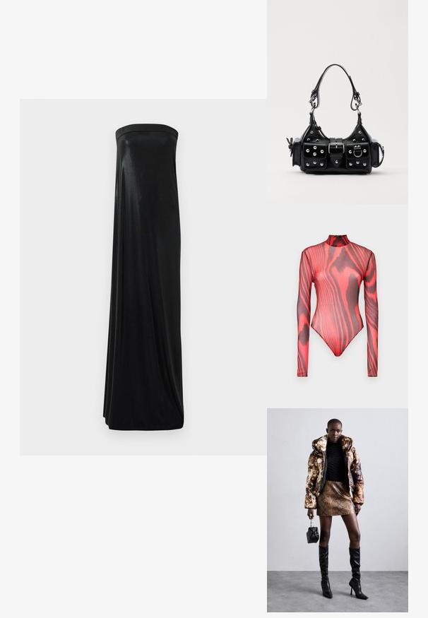Long-sleeve bodysuit made of sheer red mesh with black tiger stripe patterns, featuring a high neck and zip closure at the back.; Black strapless maxi dress made of smooth, shiny fabric. Features a fitted bodice and flowing silhouette, reaching the floor without embellishments.; Puffer jacket with a brown and black pattern, paired with a brown snake print mini skirt, black knee-high boots, and a small black bag.; Black leather handbag with a curved design, featuring silver studs, a buckle, and two side pockets. Adjustable strap for carrying options.