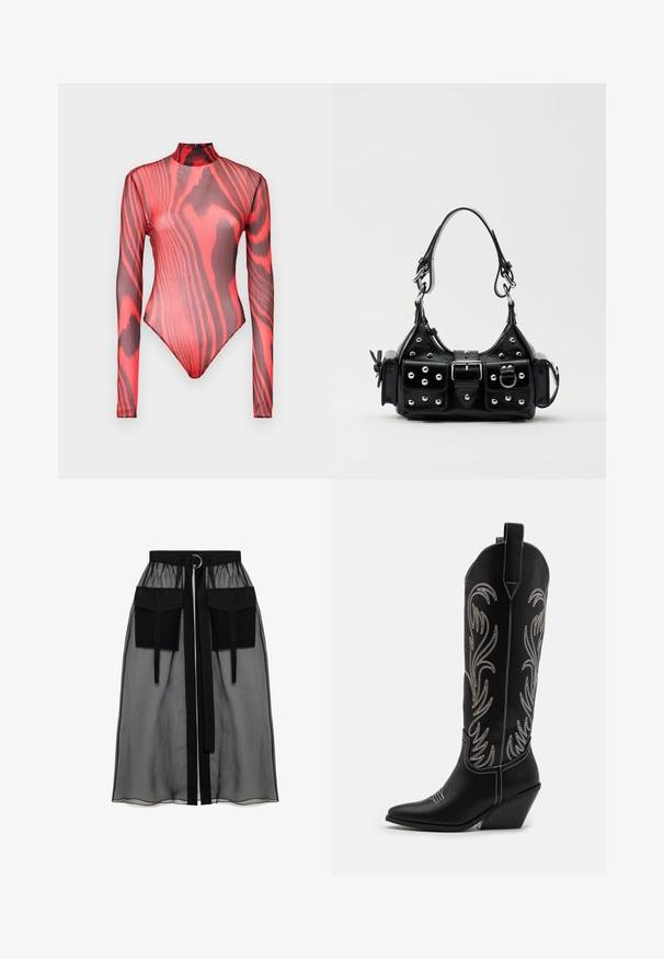Body z długim rękawem wykonany z przezroczystej czerwonej siateczki z czarnymi wzorami w paski tygrysa, z wysokim kołnierzem i zapięciem na zamek z tyłu.; Czarna przezroczysta spódnica z marszczeniem w pasie, posiadająca dwie dużej wielkości kieszenie z przodu, pasek w talii oraz okrągły metalowy akcent.; Czarne skórzane kowbojskie buty z wydłużonymi noskami, obcasem typu koturn oraz srebrnymi haftowanymi wzorami kwiatowymi wzdłuż cholewy. Kontrastowe szwy na całej długości.; Czarna skórzana torebka w zakrzywionym kształcie, z srebrnymi ćwiekami, klamrą i dwoma bocznymi kieszeniami. Regulowany pasek umożliwiający różne opcje noszenia.