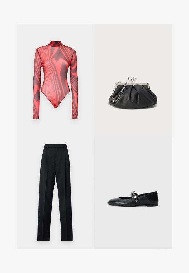 Langarmbody aus durchsichtigem roten Mesh mit schwarzen Tigermuster, mit hohem Kragen und Reißverschlussverschluss auf der Rückseite.; Schwarze Hosen aus glattem Stoff mit hoher Taille, weitem Bein, vorderen Falten und klassischen Gürtelschlaufen. Keine sichtbaren Seitentaschen.; Schwarze Ballettflat mit spitzer Spitze, ausgestattet mit einem Riemen und einer runden, metallischen Schnalle sowie einer flachen Sohle.; Schwarze Leder-Clutch mit geraffter Textur, silberfarbener Metallrahmen, Druckverschluss und Kettenriemen. Glatte, weiche Oberfläche.