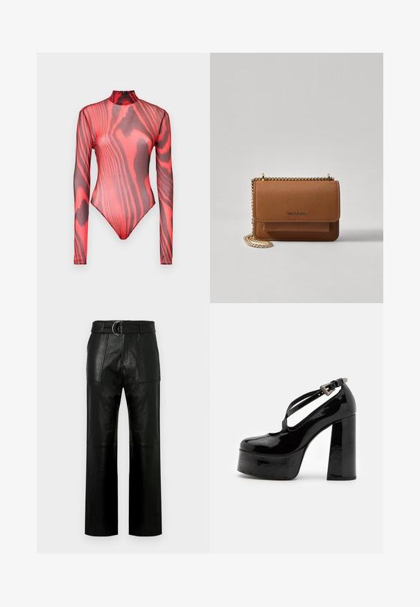 Body z długim rękawem wykonany z przezroczystej czerwonej siateczki z czarnymi wzorami w paski tygrysa, z wysokim kołnierzem i zapięciem na zamek z tyłu.; Czarne skórzane spodnie z wysokim stanem, szerokimi nogawkami, dużymi przednimi kieszeniami i dopasowanym paskiem z podwójną klamrą.; The Kooples CHAUSSURES czarny; Brązowa skórzana torba na ramię z teksturą, z złotym łańcuszkiem i zapięciem na klapkę. Z przodu znajduje się detal z logo oraz kieszeń pod klapką.