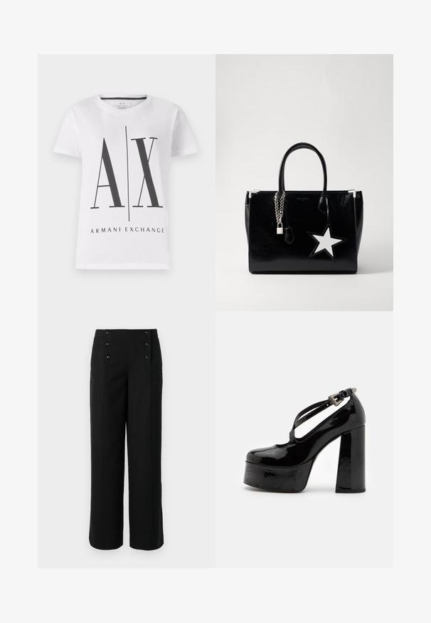 Biała koszulka z bawełny z czarnym logo "AX" oraz napisem "ARMANI EXCHANGE". Klasyczny okrągły dekolt, krótkie rękawy i luźny krój.; Czarne spodnie szerokie wykonane z gładkiego materiału, z wysokim stanem i pięcioma guzikami z przodu do zapięcia. Elegancki, dopasowany krój.; The Kooples CHAUSSURES czarny; Czarna torebka z lakierowanej skóry o eleganckim kształcie. Posiada srebrne metalowe elementy, zamek i biały akcent w kształcie gwiazdy z boku.