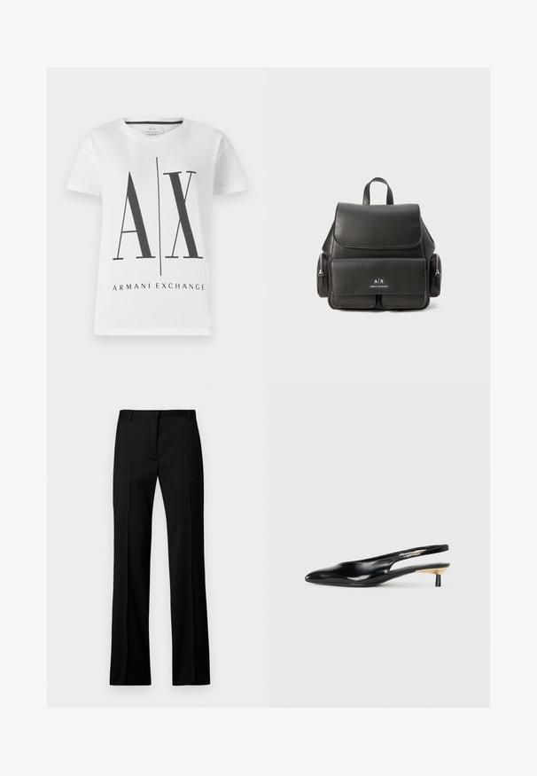 White cotton T-shirt featuring black "AX" logo and "ARMANI EXCHANGE" text. Classic crew neckline, short sleeves, and relaxed fit.; Black straight-leg trousers in smooth fabric, featuring a flat front, belt loops, and no visible pockets or embellishments.; Black slingback pump with a pointed toe, glossy leather finish, and a small heel with a gold accent. Sleek design with a open back.; Black leather backpack with a flap closure, front pocket, side zipper compartments, and a top handle. Features logo detailing at the front.