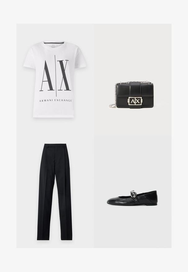 White cotton T-shirt featuring black "AX" logo and "ARMANI EXCHANGE" text. Classic crew neckline, short sleeves, and relaxed fit.; Black trousers made from smooth fabric featuring a high waist, wide legs, front pleats, and classic belt loops. No side pockets visible.; Black leather ballet flats with a pointed toe, featuring a strap with a circular metallic buckle and a flat sole.; Black leather handbag with quilted design, silver chain strap, and a prominent silver "AX" logo on the front. Compact rectangular shape.