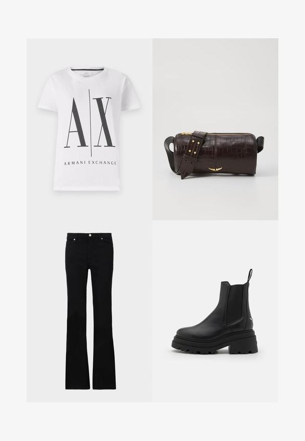 White cotton T-shirt featuring black "AX" logo and "ARMANI EXCHANGE" text. Classic crew neckline, short sleeves, and relaxed fit.; Black flared jeans made of denim, featuring two front pockets, a button closure, and a smooth texture. Signature stitching visible at seams.; Black chelsea boots made of smooth leather with elastic side panels, a thick, ridged rubber sole, and a pull tab at the back.; Brown crocodile-embossed leather bag with a cylindrical shape, gold-tone hardware, and a detachable strap featuring studs.