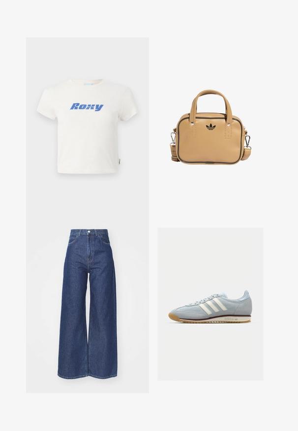 Witte katoenen t-shirt met ronde hals, voorzien van een grote blauwe "Roxy"-logo gedrukt over de borst. Korte mouwen, normale pasvorm.; Wijd-uitlopende jeans van donkerblauwe denim. Hoge taille met een ritssluiting en knoopsluiting. Bevat klassieke vijf-pocket styling en gezoomde randen.; Lichtblauwe suède sneakers met witte drie streepen, rubberen zool en textuur-mesh. Voorzien van een gladde neuskap en branding op de hak.; Bruine vegan leren tas met twee handgrepen, een afneembare schouderriem, zwarte accentstiksels en een klein zwart logo aan de voorkant.