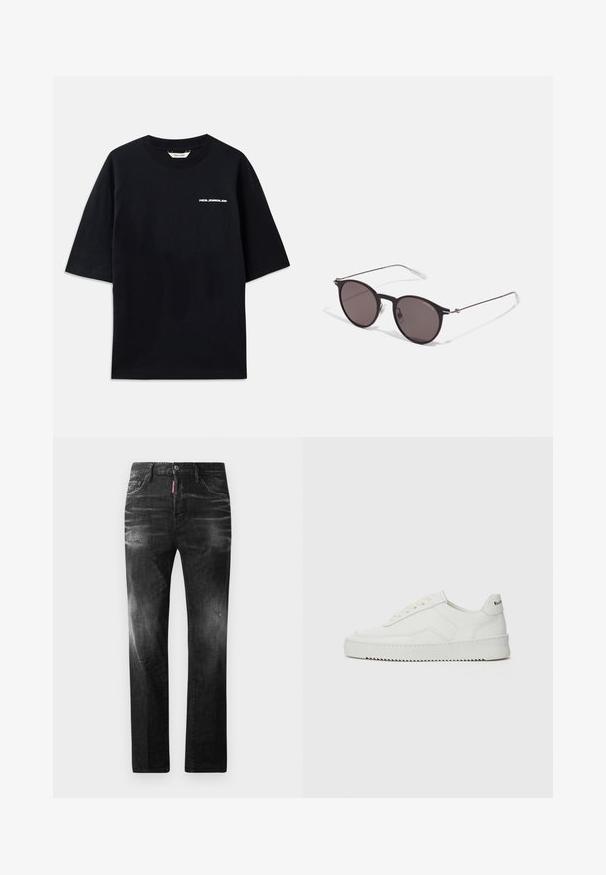 Must musta T-särk lühikeste varrukatega, ümmarguse kaelusega ja ees väikese valge "HOLZWEILER" logoga, omades lõdva lõiget.; Mustad denim püksid otse lõikega. Omavad kulunud piirkondi, väikseid kahjustusi, klassikalist viit taskut ning nööpkinnitust.; Valge nahast tennis, millel on sile põhi, ümar varvas, lamedad nöörid ja tekstuuriline tall. Sisaldab diskreetset logo kontsaribal.; Mustad mustad prillid tumedate läätsedega ja õhukeste metallist käepidemetega. Kaarja kujuga seljaosa ja hõbedased aktsendid hingel. Minimalistlik disain.