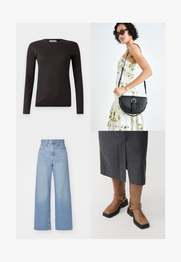 Black long-sleeve ribbed T-shirt with a round neckline, made of soft fabric, featuring a basic design without embellishments or patterns.; Light blue high-waist wide-leg jeans with front button and zip closure, front and back pockets, on a white background.; Brown leather knee-high boots with a square toe, black rubber sole, and adjustable buckle strap detail. Worn with a gray pinstripe skirt.; Black leather handbag with a curved shape, detachable strap, and gold hardware. The bag features a flap with a buckle detail.