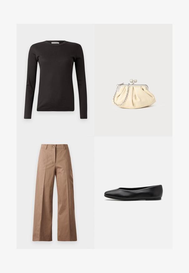 Black long-sleeve ribbed T-shirt with a round neckline, made of soft fabric, featuring a basic design without embellishments or patterns.; Brown wide-leg trousers made from a smooth fabric, featuring a front button closure, two front pockets, and clean, tailored lines.; Paul Smith TOPANGA - Ballet pumps - black; Pleated beige leather clutch with a silver metal frame, featuring two round decorative clasps and a silver chain strap.