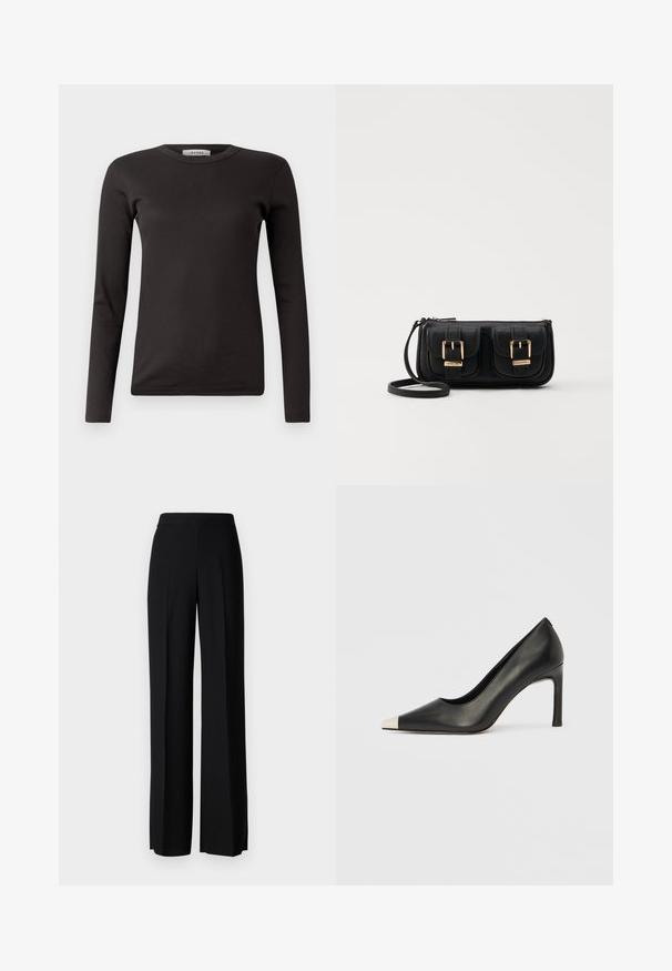 Melnas garām piedurknēm ribota T-kreklā ar apaļu kakla izgriezumu, izgatavots no mīksta auduma, ar vienkāršu dizainu bez rotājumiem vai rakstiem.; Melni platleği bikses ar gludu tekstūru, ar augstu jostasvietu un centrālajām krokām. Nav redzamu rakstu vai aparatūras detaļu.; Melns ādas augstpapēžu kurpes ar smailu purngalu un metāliski sudraba uzgali. Ir gluda apdare un slaids 10 cm augsts papēdis.; Melnas ādas crossbody soma ar divām priekšējām kabatām, zelta sprādzēm, ar rāvējslēdzēju aizdari un šauru siksnu. Strukturēta virsma un kompakta taisnstūra forma.