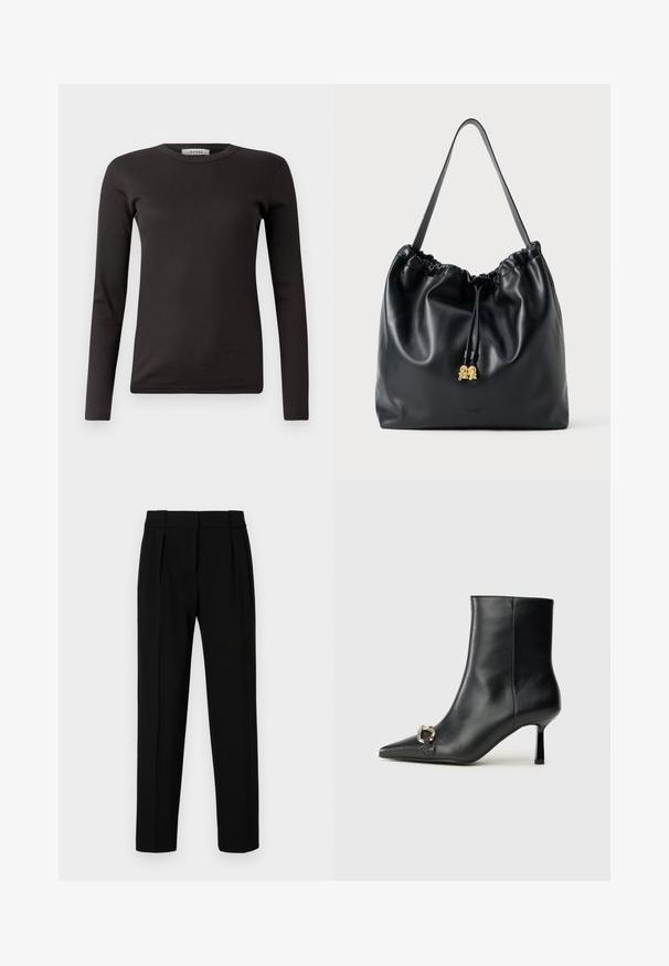 Black long-sleeve ribbed T-shirt with a round neckline, made of soft fabric, featuring a basic design without embellishments or patterns.; Black tailored trousers with a straight fit, pleated front, polished fabric, and a medium waistband. No visible pockets or hardware details.; Black leather ankle boot with pointed toe, slim mid-height heel, and silver buckle detail on side against plain background.; Black leather drawstring bag with a smooth texture, gathered top, and subtle gold hardware. Features a single sturdy strap and embossed logo.