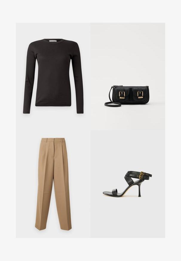 Melnas garām piedurknēm ribota T-kreklā ar apaļu kakla izgriezumu, izgatavots no mīksta auduma, ar vienkāršu dizainu bez rotājumiem vai rakstiem.; Bēšas stilīgas bikses ar augstu jostasvietu, kroku priekšpusi un platām kājām. Audums izskatās gluds ar vieglu spīdumu.; Melna augsta papēža sāndele ar krustotiem siksniņām un regulējamu sprādzi. Iespēlēts gluds tekstūra un pakāpenisks stiletto papēdis.; Melnas ādas crossbody soma ar divām priekšējām kabatām, zelta sprādzēm, ar rāvējslēdzēju aizdari un šauru siksnu. Strukturēta virsma un kompakta taisnstūra forma.