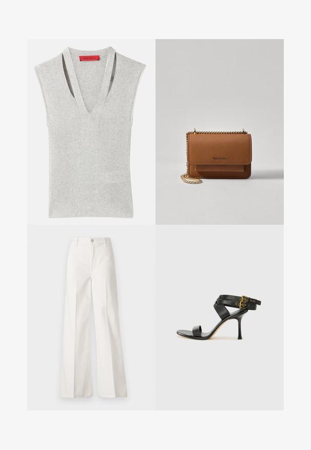 Pelēks bezsvārku tops ar dziļu V-veida kakla izgriezumu, ribotu tekstūru un maziem vertikāliem šuvēm. Sarkanā krāsā logo birka pie kakla izgriezuma.; Baltas platfita bikses, izgatavotas no kokvilnas ar gludu tekstūru. Aprīkotas ar priekšējo pogu, rāvējslēdzēju un četru kabatu dizainu.; Melna augsta papēža sāndele ar krustotiem siksniņām un regulējamu sprādzi. Iespēlēts gluds tekstūra un pakāpenisks stiletto papēdis.; Brūna teksturēta ādas plecu soma ar zelta ķēdes siksnu un atloka aizdari. Priekšpusē ir logotipa detaļa un kabata zem atloka.