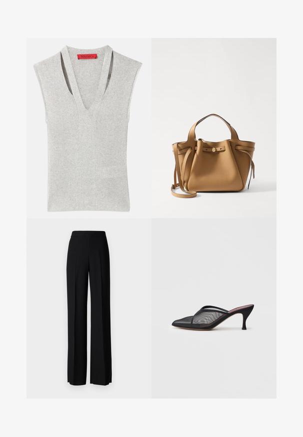 Hallitusmõõduga hall ilma varrukateta topp, sügava V-kaelusega, ribakujundusega ja õrnade vertikaalsete õmblustega. Kaelusel punane logo silt.; Mustad laiad püksid mustas värvitoonis, sujuva tekstuuri ja kõrge vöökoha ning keskmiste voldikutega. Ilma nähtavate mustrite või tarvikute detailideta.; Mustad mustridest muulid terava varbaga, õhukeste rihmadega ja 3-tollise stiilse kontsaga. Omab läbipaistvat tekstuuri ja ühtlast tooni tallat.; Tory Burch ROMY PEBBLED SATCHEL - Käekott - tiramisu