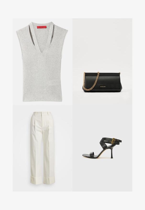 Grijze mouwloze top met een diepe V-hals, ribbelstructuur en subtiele verticale naden. Logo-label in het rood bij de hals.; Witte, op maat gemaakte broek met een hoge taille, dubbele voorplooien en brede pijpen met omgeslagen manchet. Gemaakt van een gladde, gestructureerde stof.; Zwarte hoge hak sandaal met gekruiste bandjes en verstelbare gespsluiting. Heeft een gladde textuur en een taps toelopende stilettohak.; Zwarte leren clutch tas met een gouden kettinghengsel, voorzien van een gladde textuur, rechthoekige vorm en reliëfmerk op de voorkant.