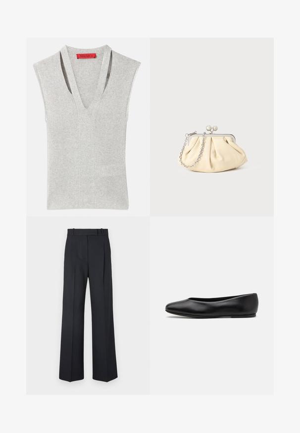 Grauer ärmelloser Oberteil mit tiefem V-Ausschnitt, gerippter Textur und subtilen vertikalen Nähten. Logosticker in Rot am Ausschnitt.; Dunkelblaue Nadelstreifenhosen mit hoher Taille, weit geschnittenem Bein und ohne sichtbare Beschläge oder Verzierungen. Glatte Textur und taillierte Passform.; Paul Smith TOPANGA - Klassischer Ballerina - black; Faltige beigefarbene Ledertasche mit einem silbernen Metallrahmen, ausgestattet mit zwei runden dekorativen Verschlüssen und einem silbernen Kettenriemen.