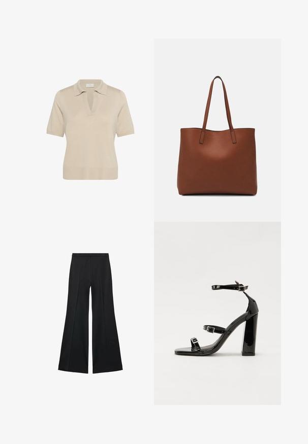 Beige gebreide poloshirt met een V-hals en korte mouwen. Bevat een kraag en een ribgebreide zoom, gemaakt van zachte, gestructureerde stof.; Zwarte wijde-pijpen broek met een gladde textuur, gekenmerkt door voorplooien en een op maat gemaakte uitstraling. De stof is lichtgewicht en vloeiend.; Zwarte gepatenteerde sandalen met hak en een vierkante neus, enkelbandjes en zilveren gespen. Heeft een stevige blokhak voor stabiliteit.; Bruine leren tote bag met een gladde textuur, een ontwerp met een open bovenkant en twee schouderbanden. Kenmerkt zich door minimale stiksels en geen zichtbare hardware.