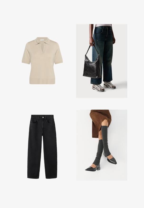 Beige knit polo shirt with a V-neck and short sleeves. Features a collar and ribbed hem, crafted from soft, textured fabric.; Black denim jeans with a straight cut, featuring five pockets, a button fly, and a classic design. Soft texture with a clean finish.; Black patent leather pointed-toe shoes with a block heel and ankle strap, paired with gray ribbed leg warmers and a brown suede skirt.; Black leather shoulder bag with a smooth texture and adjustable strap, paired with faded wide-leg jeans and athletic sneakers.