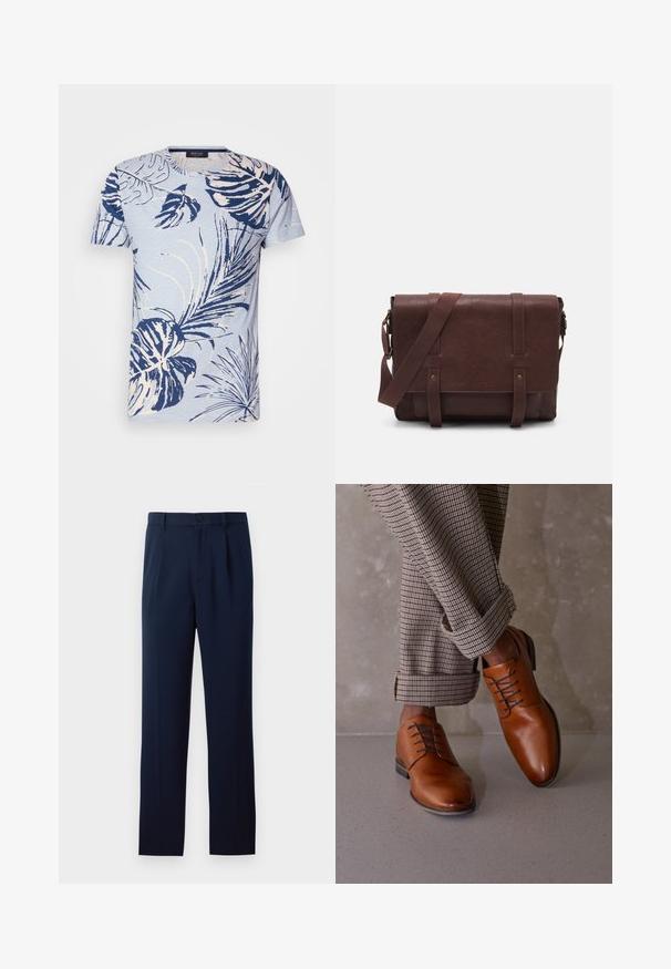 Light blue short-sleeve t-shirt with a white and navy tropical leaf print. Crew neck, soft texture, relaxed fit, and no visible hardware.; Navy blue trousers made of smooth fabric, featuring a single button closure, pleats, and straight legs. Minimalist design with no notable patterns.; Brown leather shoes feature a rounded toe, five eyelet lace-up design, and contrasting dark laces. Pants are plaid, rolled at the cuffs.; Brown leather messenger bag with a flat front flap, two straps, gold hardware accents, and an adjustable shoulder strap.